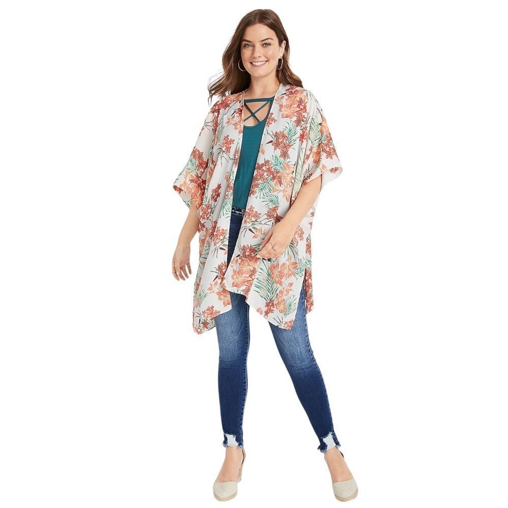 Maurices White & Orange Tropical Floral Open Kimono